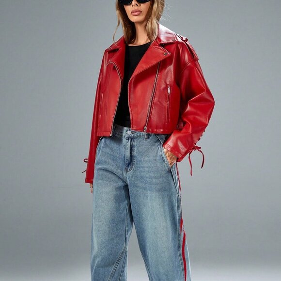 Red lace up details faux leather biker jacket - Picture 5 of 7